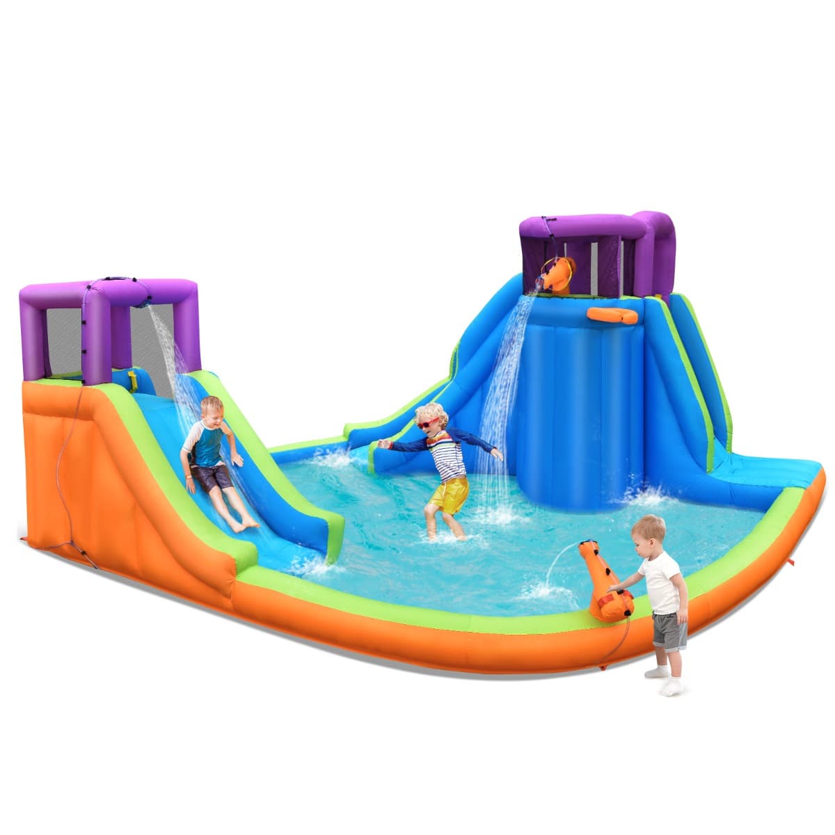 CostwayParc Aquatique Gonflable Double Toboggan Aquatique avec 4 Arroseurs et 2 Pistolets à Eau et Piscine à Éclaboussures avec Mur d'Escalade